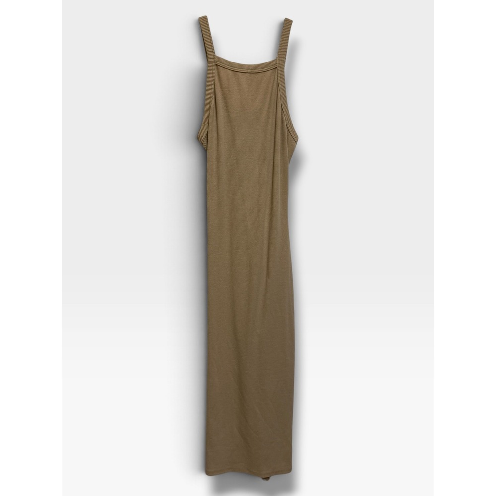 Anna Grace Tan Ribbed Knit Maxi Dress M Open Cutout Knot Back Made in USA